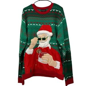 Blizzard Bay Ugly Christmas Sweater featuring Santa Claus, Green & Red, Size XL